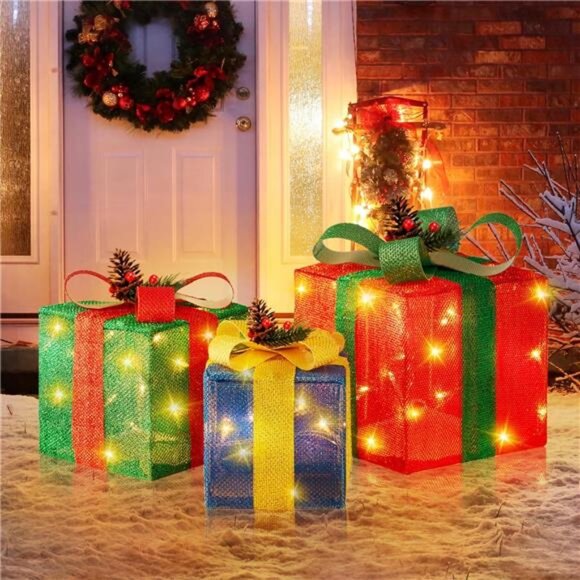 peace_by_peace Other - XL Set of 3 LED Lighted Christmas Gift Boxes, Indoor/Outdoor, Timer + 8 Modes